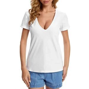 NWT Womens Fuinloth White Deep V Neck Cuffed Sleeve Top - Sz L